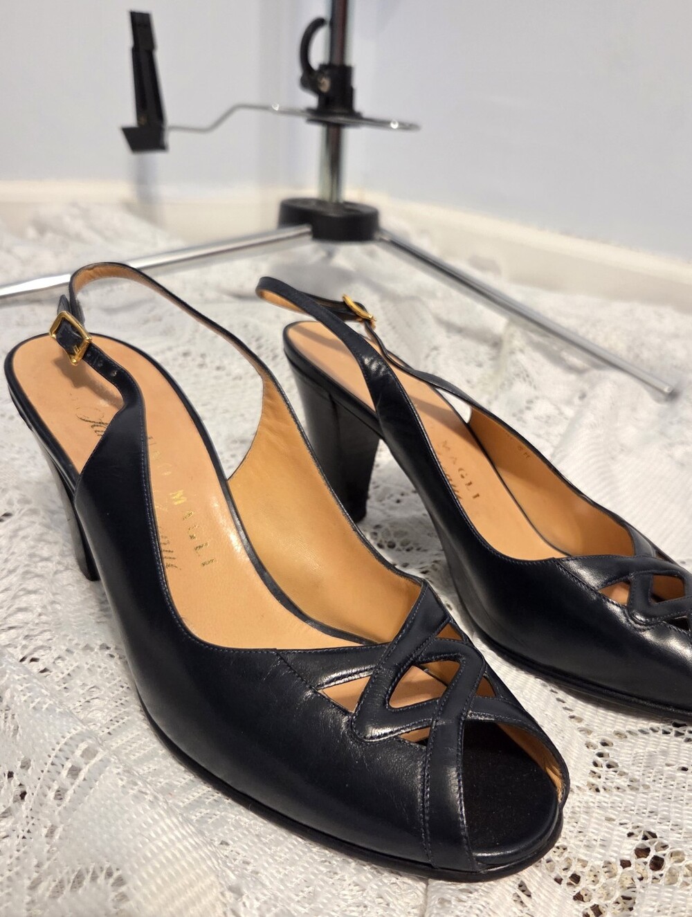 Vintage Blue Leather Peep Toe Sling Back Heels Size 8